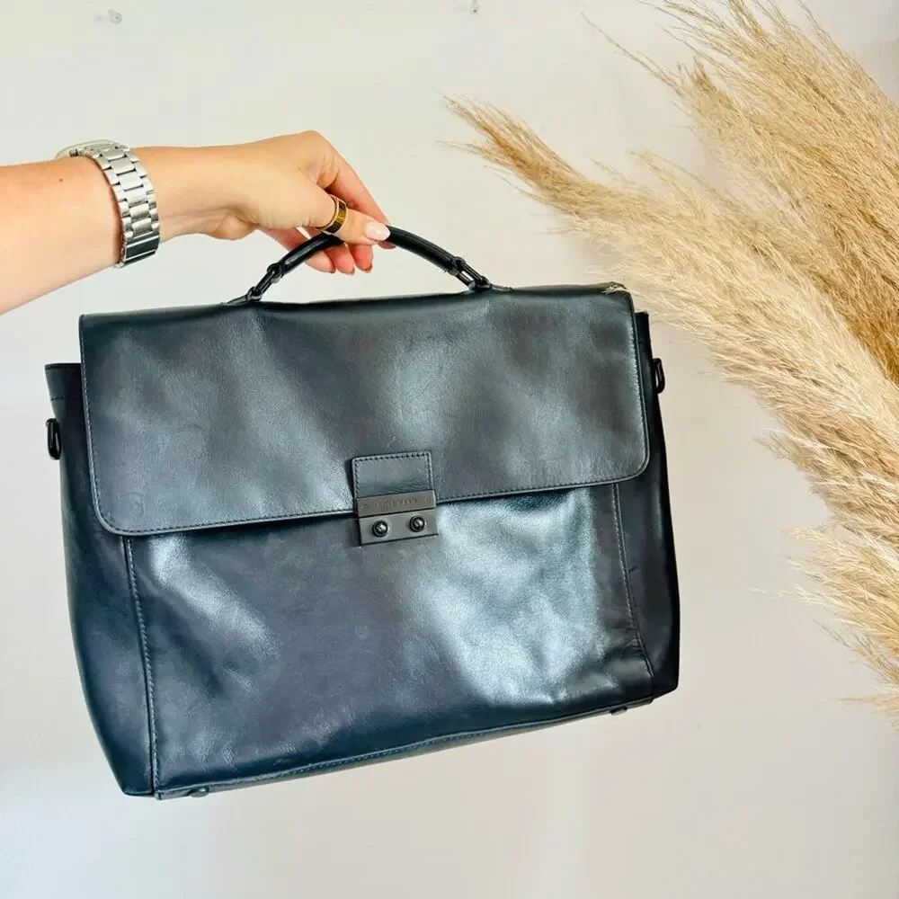 COLE HAAN Black Leather Warner Briefcase Travel Bag Zipper Pocket Laptop Case